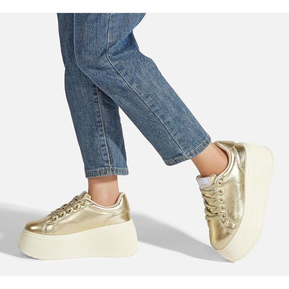 Lucky Step Women Gold Platform Low Top Classic Wedge Retro Canvas Sneakers - Picture 7 of 9